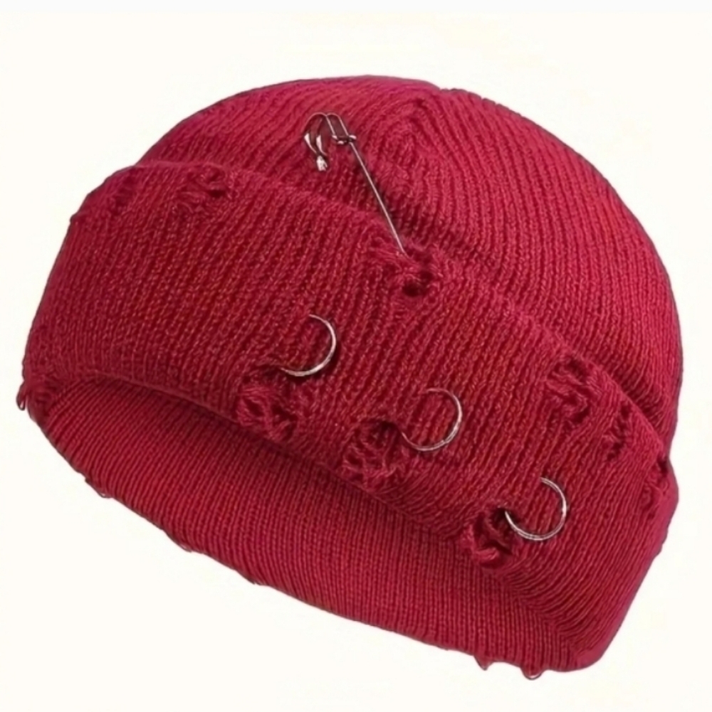 Red Knit Beanie with Metal Accents